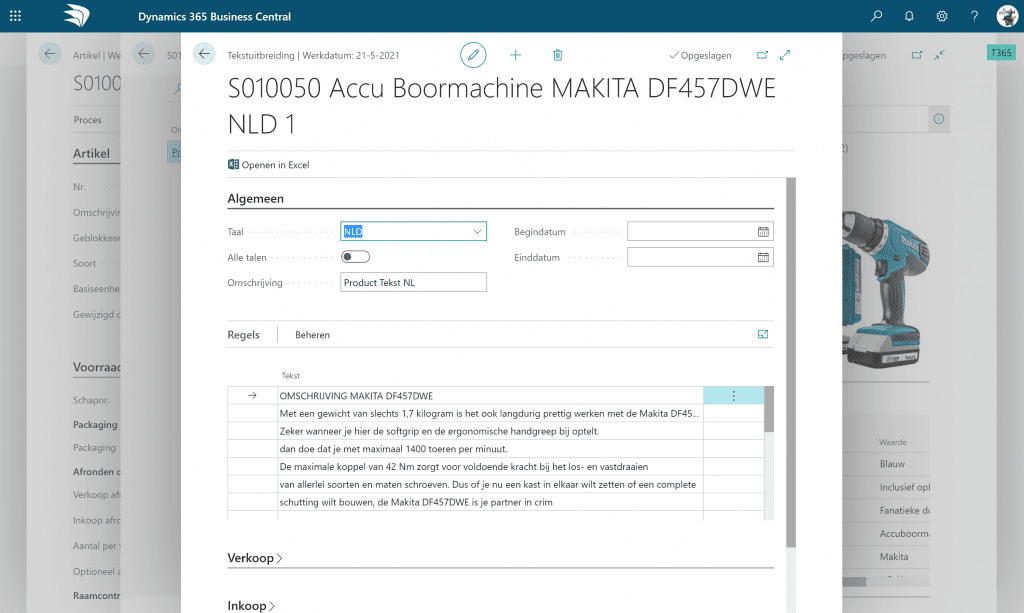 Productteksten in Business Central
