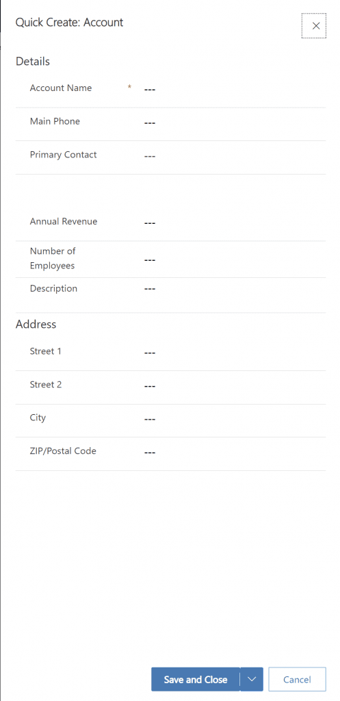 quick create formulier