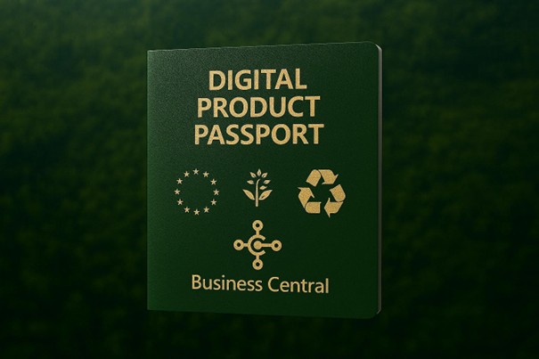 Visual van een digitaal productpaspoort met Business Central en duurzaamheidspictogrammen