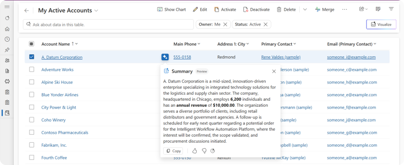 AI-samenvatting van een record in Dynamics 365 Sales